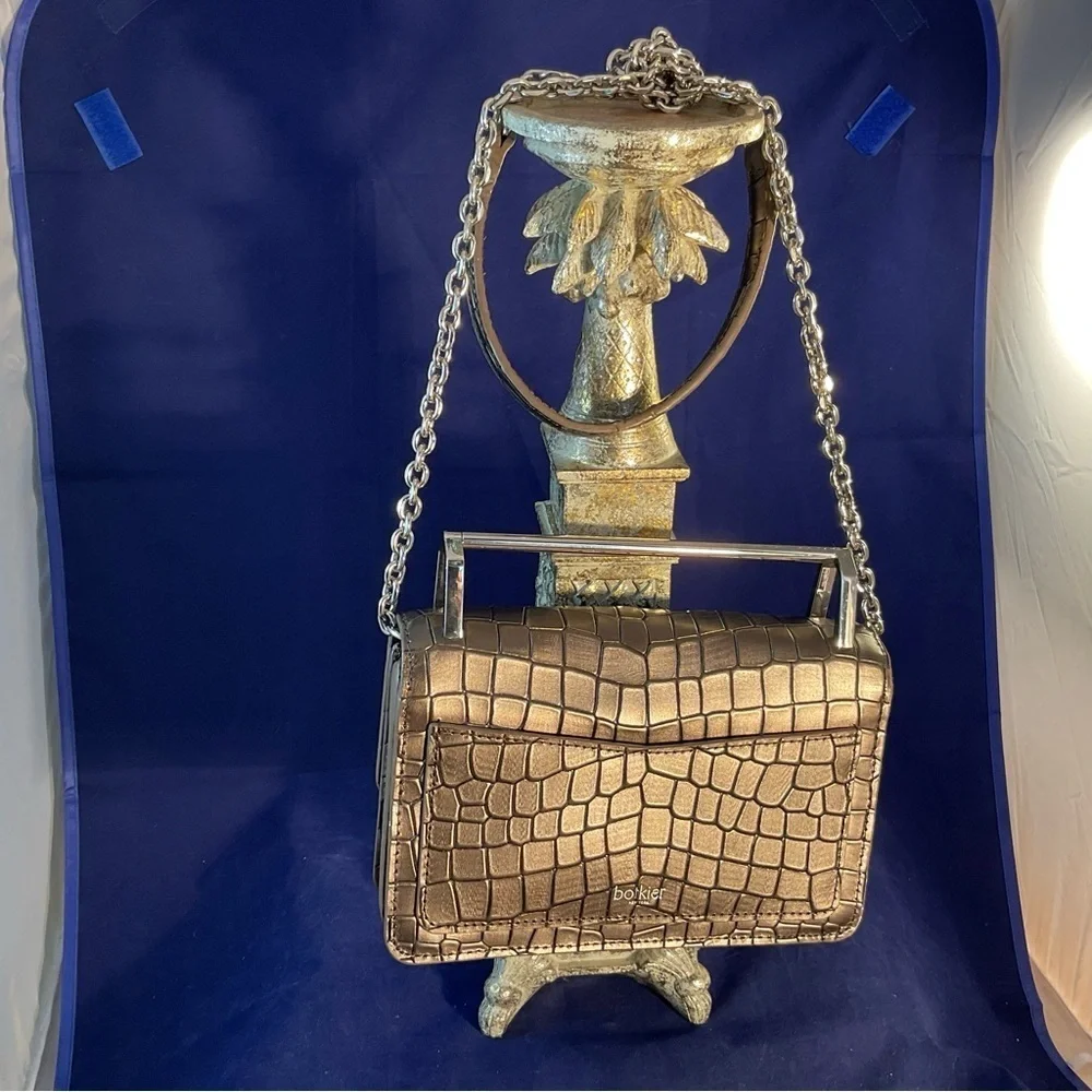 Botkier Metallic Croc-Embossed Leather Chain Crossbody Clutch Gunmetal